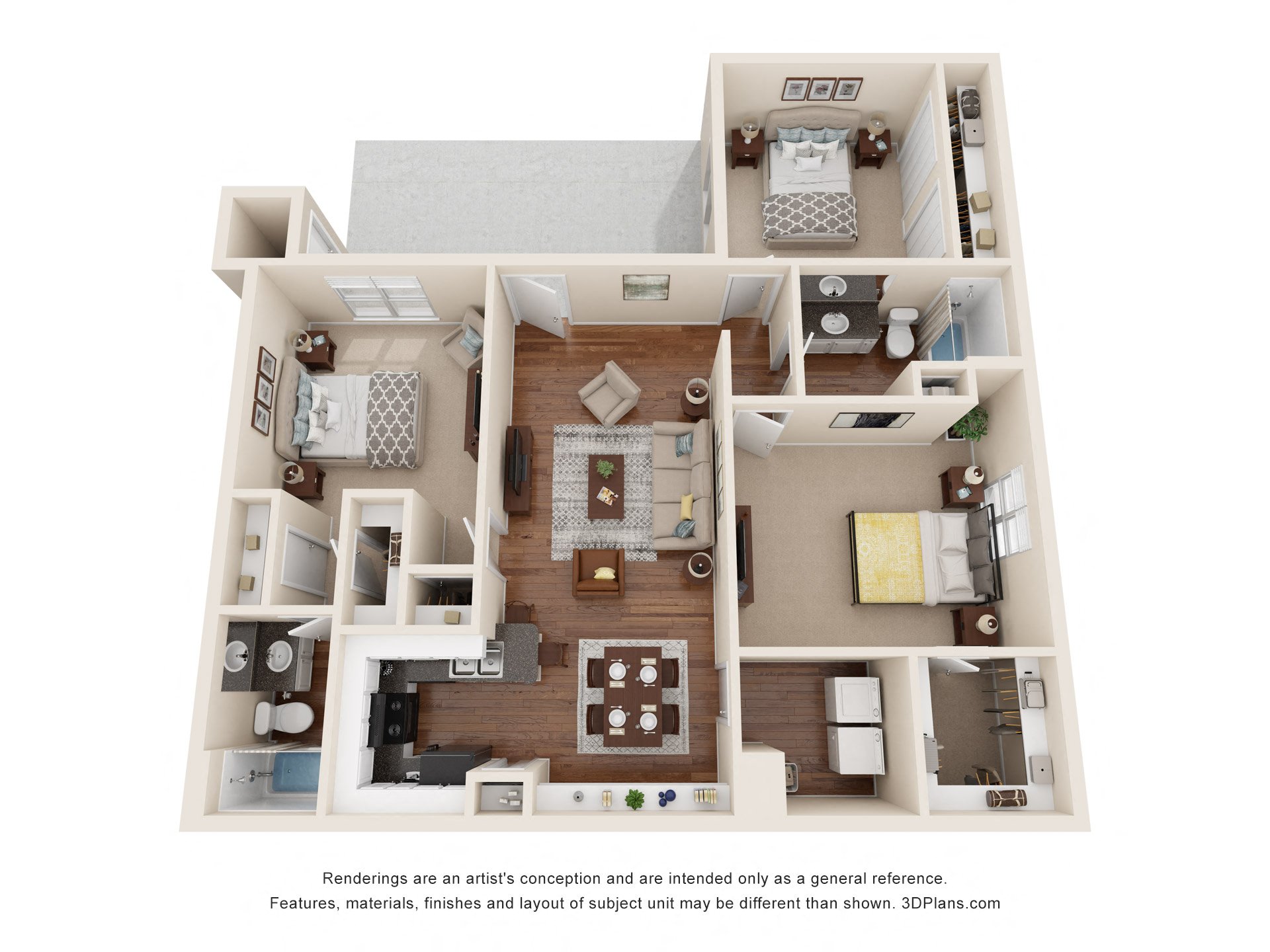 Floor plan for 3 beds, 2 baths, 1123 sqft